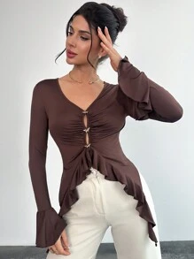 SHEIN Privé Women's Elegant Vintage Butterfly Ruffle Trim Long Sleeve Top Tee - Mocha Brown - View 4