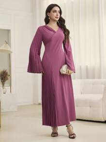 Modelyn Women's V-Neck Pleated Patchwork A-Line Dress, Elegant Style Suitable For Spring & Summer