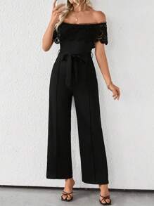 SHEIN Clasi Bộ đồ liền thân hở vai thanh lịch bằng vải ren khoét sâu cho nữ, mùa xuân/hè - màu đen - Xem 5