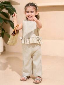Baby Girl Solid Color Round Neck Ruffle Hem Bow Decor Top And Pants Casual Set - Beige - View 3