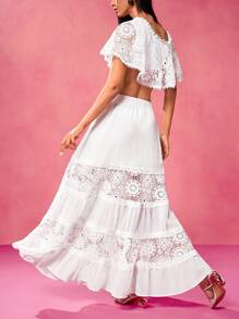 VERO DIAZ Designer Women Boho Bohemian White Lace Chiffon Layered Panels Elastic Waistband Elegant Long Skirt For Spring & Summer Vacation, Beach, Cruise, Festival, Concert, Elegant, Ibiza Fits - White - View 1