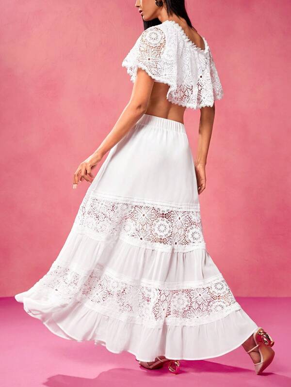 VERO DIAZ Designer Women Boho Bohemian White Lace Chiffon Layered Panels Elastic Waistband Elegant Long Skirt For Spring & Summer Vacation, Beach, Cruise, Festival, Concert, Elegant, Ibiza Fits