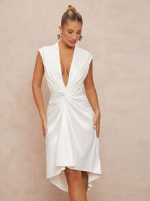Lumalex Spring Wedding Season Banquet Coming Of Age Ceremony Summer Swimsuit Swimwear Swim Vacation Easter Beach Seaside Petite Collar Deep V-Neck Twisted Sleeveless Asymmetrical Bodycon Midi Dress For Women - White - View 5