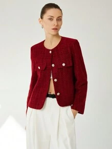 Aveloria Modichic Elegant French Tweed Round Neck Metal Button Front Pocket Peplum Women Short Sleeve Jacket