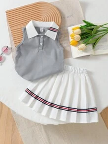 SHEIN Young Girls Polo Collar ärmlös topp + veckad minikjol 2 delar set, sommar - Grå - Visa 3