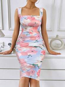 SHEIN Privé Váy midi mùa hè xếp ly dệt kim in hoa màu nước cho nữ dáng ôm vừa vặn có xẻ tà, thanh lịch cho ngày lễ và mặc hàng ngày - Nhiều màu - Xem 4