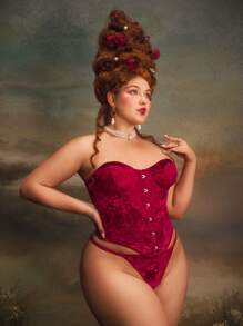 PinupGlam 1pc Plus Size Vintage Sexy Velvet Contrast Lace Bra, Retro Lingerie