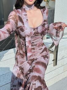 Modelyn Women's Maxi Mesh Tie-Dye Butterfly Print Romantic Elegant Bell Sleeve Fish Tail Dress, Spring/Summer
