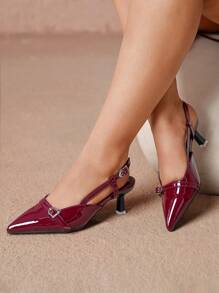 CUCCOO CURVES Wide Width Pointed Toe Slingback Pumps With Buckle Decor Spring Shoes Spring Break Easter - Burgundy - View 1