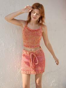 Skyraze Women Simple Front Tie Waist Skirt, Casual Daily Wear,Hand-Crocheted - Orange - View 4