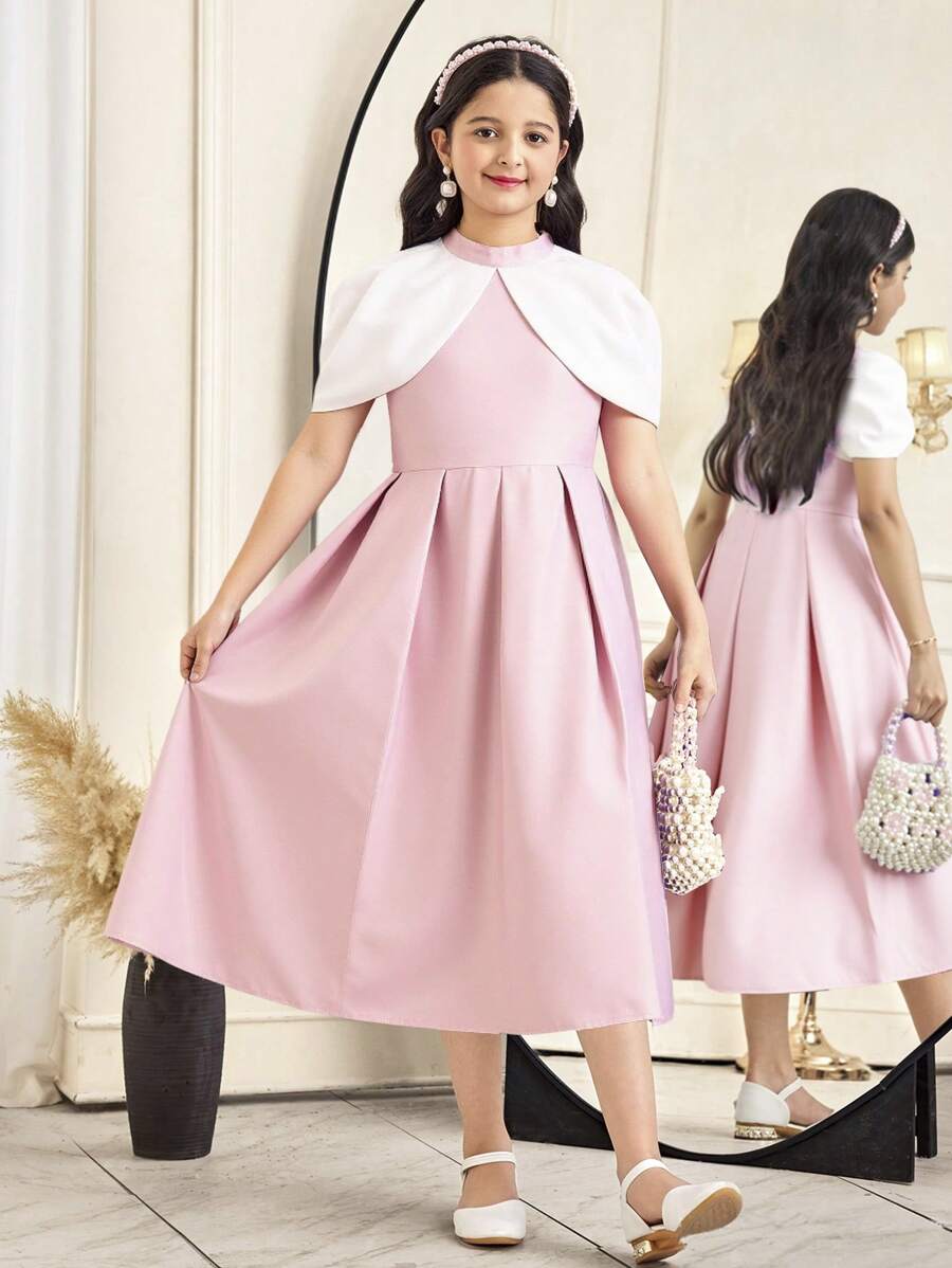 SHEIN 青少年女孩优雅撞色拼接工字背设计立领连衣裙 - 粉色 - 查看 1