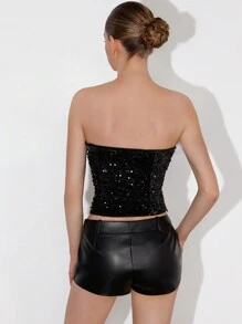 复古派对亮片天鹅绒拼布人造毛皮束腰女式上衣 - 黑色 - 查看 2