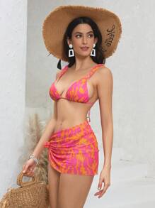 SHEIN Swim Summer Beach Allover Print Bikini Set With Beach Skirt - Multicolor - View 8