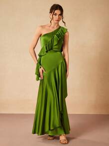 Gabriela Silveira Designer Solid Green Satin Ruffles Asymmetrical Neck Neckline Flared Hem Maxi Dress, Festival, Concert Outfit, Rave, Prom Dress - Green - View 7