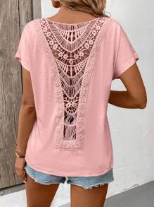 Breezaya Vacation Casual Solid Color Lace Patchwork Batwing Sleeve T-Shirt - Pink - View 4