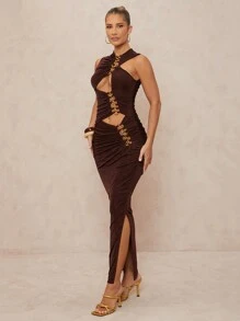 Lumalex Spring Old Money Outing Summer Swimsuit Swimwear Swim Vacation Easter Bohemian BOHO Sea Beach Hot Outdoor Richly Layered Wedding Season Banquet Coming Of Age Ceremony Beach Seaside Off Gold Metallic Trimmed Ruched Collar Long Dress For Women - Brown - View 3