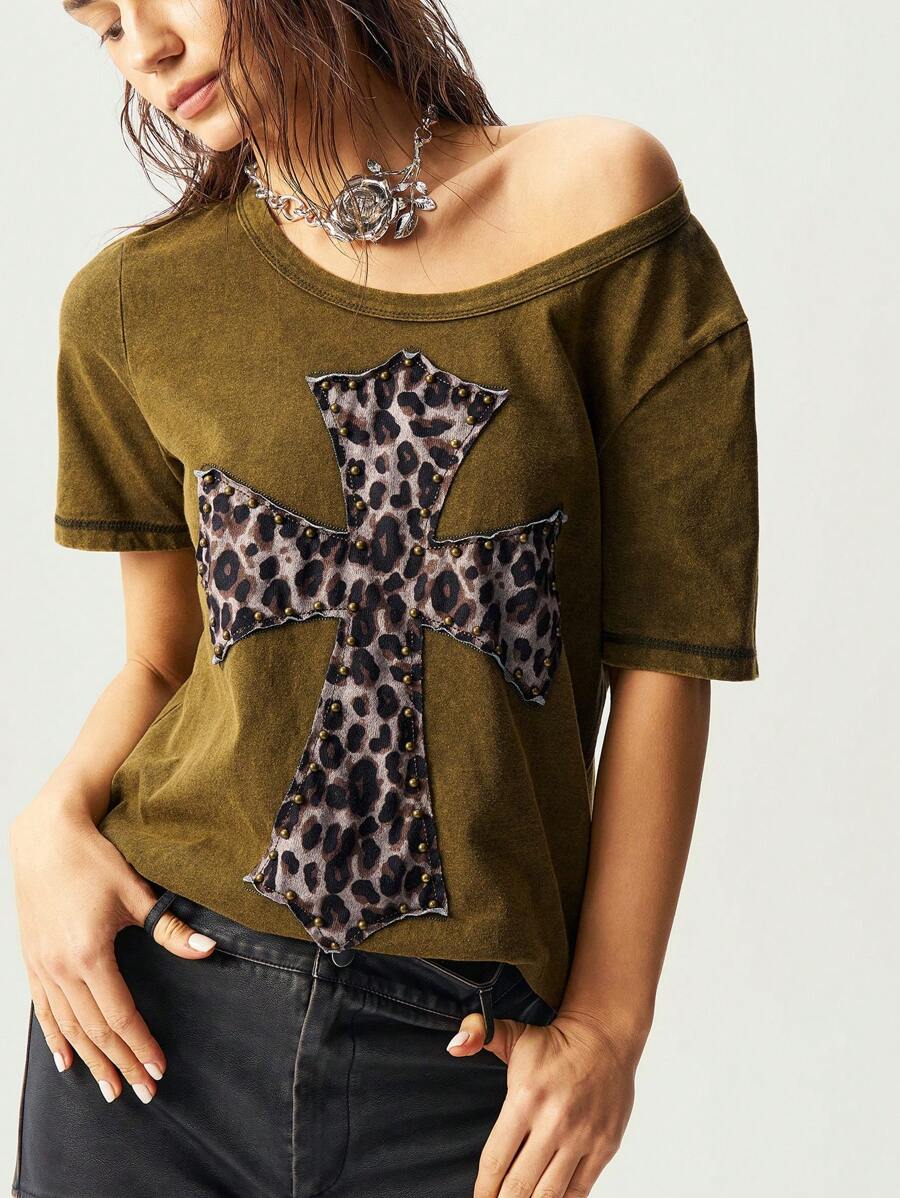 Bohemela BOHO Hippie  Solid Color Knit Round Neck Short Sleeve Loose Washed Women T-Shirt - Mocha Brown - View 1