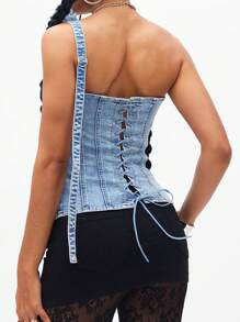 Jeanoix 女士牛仔系带镂空 3D 花卉装饰单肩衬衫