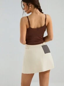 Athîral Women's Brown Trim Casual & Commute A Line Mini Skirt Western Wear Vintage Spring/Summer - Apricot - View 2