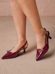CUCCOO CURVES Wide Width Pointed Toe Slingback Pumps With Buckle Decor Spring Shoes Spring Break Easter - Burgundy - View 5
