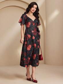 SHEIN Unity Women's Elegant Print Tie Front Casual Dress, Simple Fashion Everyday Wear - Black - View 6