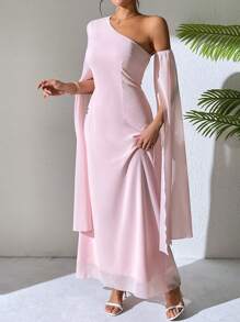 Chiquease 女士优雅不对称肩长袖收腰 A 字淡粉色连衣裙，纯色，春夏 - 粉色 - 查看 5