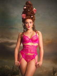 3pcs/Set Women Sexy Lace Bra Set With Underwire, Rose Red - Hot Pink - View 7