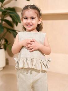 Baby Girl Solid Color Round Neck Ruffle Hem Bow Decor Top And Pants Casual Set - Beige - View 1