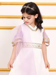 SHEIN 2 Pieces Set: White Short Sleeve Open Shoulder Dress For Young Girls - Multicolor - View 4
