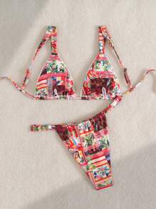SHEIN Swim 女士全印花比基尼泳装套装，适合夏季海滩度假 - 彩色 - 查看 2
