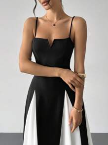 Firerie Women's  New Black And White Contrast Notch V-Neck Long Swing Dress, Spliced Contrast Dress, Suspender Dress,Commuting, Elegant, Sexy, Vacation, Beach,Bohemia, Hawaii, Dating, Party, Concert, Performance Costume,  Back To School Season, Valentine's Day,Music Festival,Graduation,Teacher Outfits For Women,Teacher Dress
