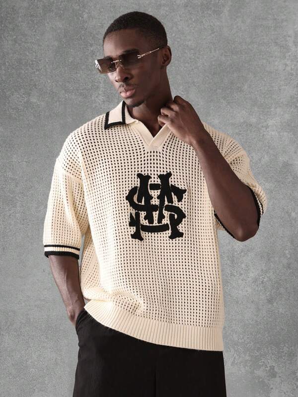 SUMWON Tricou polo de lux tricotat cu ajurat, designer de designer, monogramă, mânecă scurtă, vară și primăvară, streetwear, atletic, premium, logo, ușor, respirabil