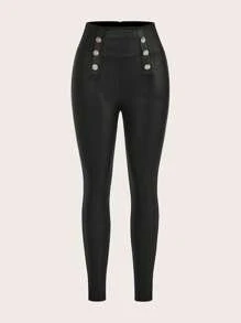 Zolique Women's Fashion Decorative Button Solid Color Slim Fit Pants - Black - View 1