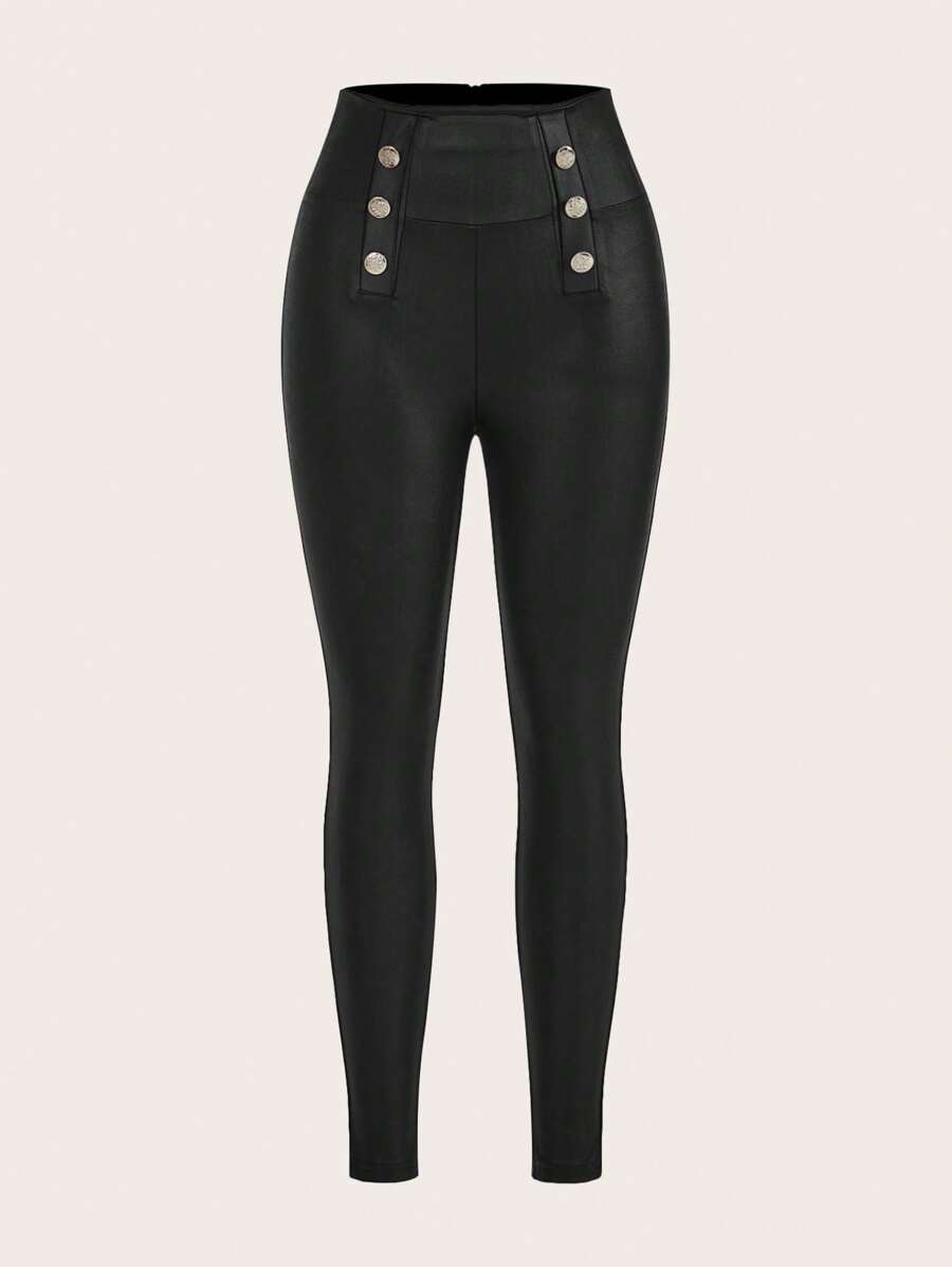 Zolique Women's Fashion Decorative Button Solid Color Slim Fit Pants - Black - View 1