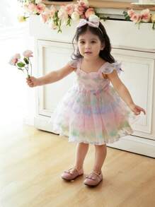 SHEIN Baby Girls Pink Summer Cute Birthday Partywear,3D Butterfly Netting Flutter Sleeve Mesh Dress With Bowknot Decoration & Matching Bow Hairband - Pink - View 6