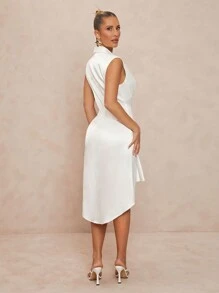 Lumalex Spring Wedding Season Banquet Coming Of Age Ceremony Summer Swimsuit Swimwear Swim Vacation Easter Beach Seaside Petite Collar Deep V-Neck Twisted Sleeveless Asymmetrical Bodycon Midi Dress For Women - White - View 2