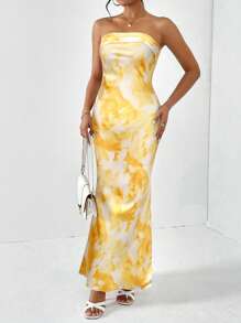 Firerie Women's Yellow Tie Dye Printing Satin Silk Floral Allover Print Elegant Backless Sexy Dress,Floral Print Long Dresses ,Long Bodycon Dress,Summer Long Dresses,Backless Dress,Beach Dress ,Bridesmaid Dress, Spring Outfit ,Hawaiian Long Dress,Carnival,Birthday Outfit For Parties,Music Festival,Easter,Graduation Season,Wedding Season, Brunch Women's Dresses, Bohemian,Date Night, Cocktail Party,Elegant,Graduation Season,Homecoming Season, Wedding Season,Pastel Dresses For Women,Vacation - Yellow - View 2