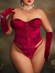 PinupGlam 1pc Plus Size Vintage Sexy Velvet Contrast Lace Bra, Retro Lingerie