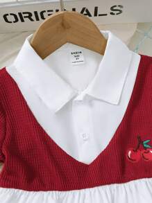 SHEIN Genkimix Kids 2pcs/Set Young Girl Casual School Look White Blouse With Cherry Embroidery Flare Sleeves & Blue Straight Leg Jeans Pants, Spring/Summer New Arrival Summer Holiday - Red - View 4