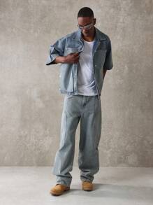 SUMWON Oversized Carpenter Short Sleeve Denim Shirt Designer Jacket With Metal Snap Buttons Streetwear Workwear Fashion Urban Casual Spring Summer - Blue - View 4