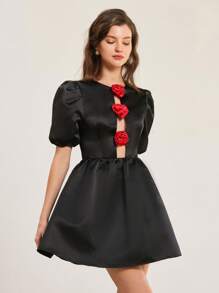 Femmeiva Italian Style 2-Tone 3D Red Rose Accent Open Shoulder Bodycon Mini Dress With Puff Sleeves,Black Floral,Summer,Elegant,Party Princess Dress - Black - View 5