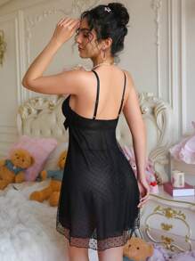 SHEIN Camisón sexy para mujer con tirantes de lazo y malla a lunares - Negro - Ver 2