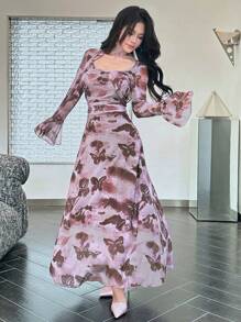Modelyn Women's Maxi Mesh Tie-Dye Butterfly Print Romantic Elegant Bell Sleeve Fish Tail Dress, Spring/Summer
