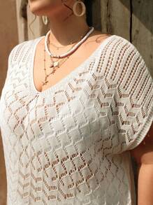 SHEIN Swim Curve Plus Size Vrouwen Witte Lange Mouw Uitgeholde Gebreide Zomer Strand Vakantie Cover Up Jurk
