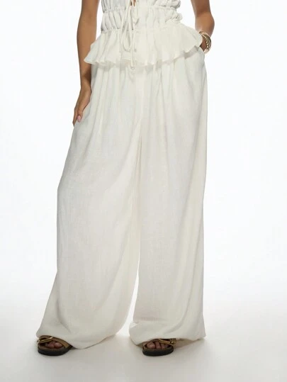 MISSGUIDED Elegant Wide Leg Palazzo Pants With Ruffled Waist Detail, Flowing Linen Blend Resort Wear, Perfect For Beach Vacation, Summer Wedding Guest, Casual Evening Wear