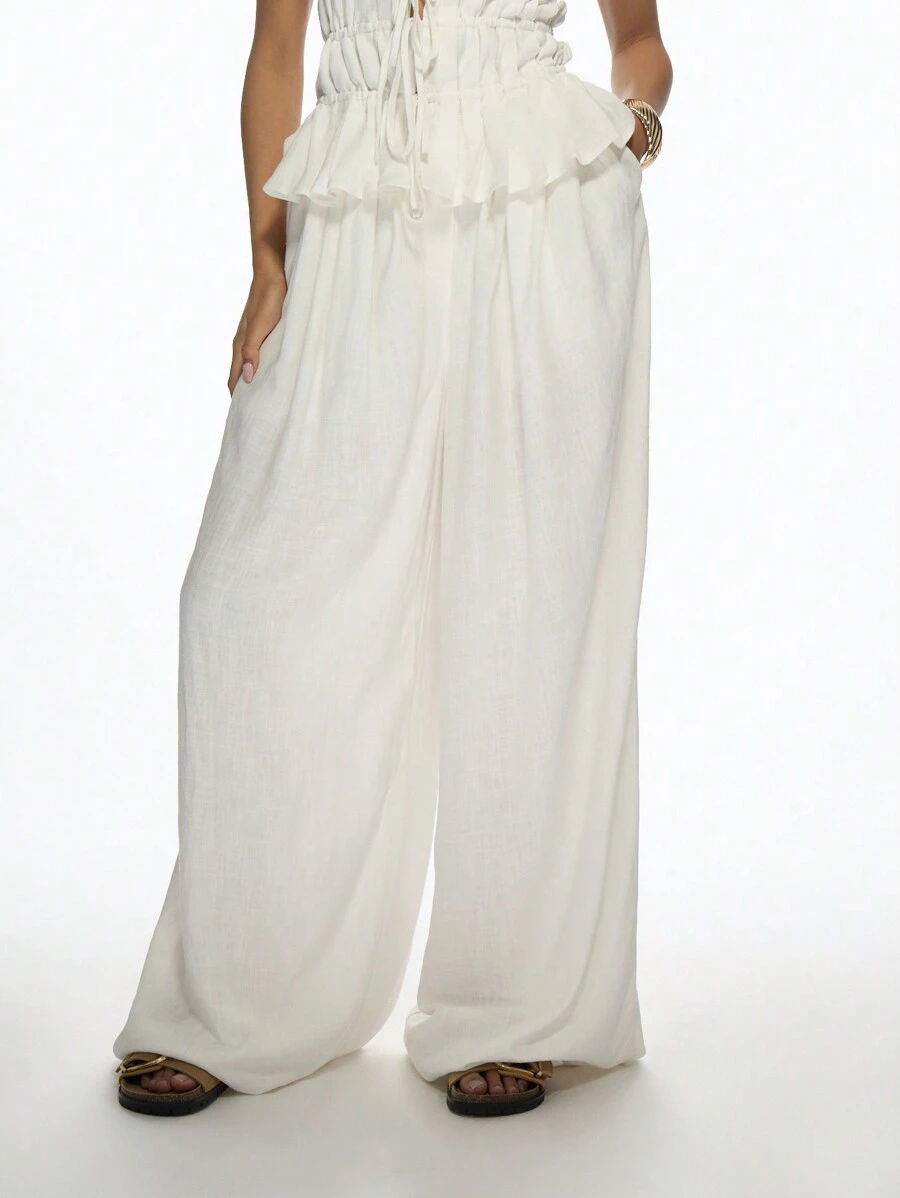 MISSGUIDED Pantaloni palazzo eleganti a gamba ampia con dettagli arricciati in vita, realizzati in una morbida miscela di lino, perfetti per vacanze al mare, cerimonie estive, abiti casual da sera - Bianco - Visualizzare 1