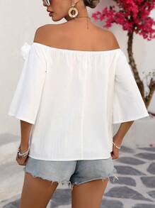 Breezaya Camisa informal de vacaciones con hombros descubiertos y decoración de flores 3D con mangas 3/4, para primavera/verano - Blanco - Ver 2