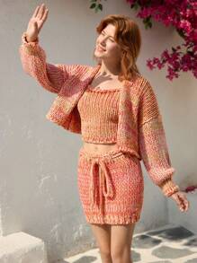 Skyraze Women Orange Mixed Yarn Short Knit Cardigan,Hand-Crocheted - Orange - View 4