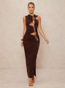 Lumalex Spring Old Money Outing Summer Swimsuit Swimwear Swim Vacation Easter Bohemian BOHO Sea Beach Hot Outdoor Richly Layered Wedding Season Banquet Coming Of Age Ceremony Beach Seaside Off Gold Metallic Trimmed Ruched Collar Long Dress For Women - Brown - View 6