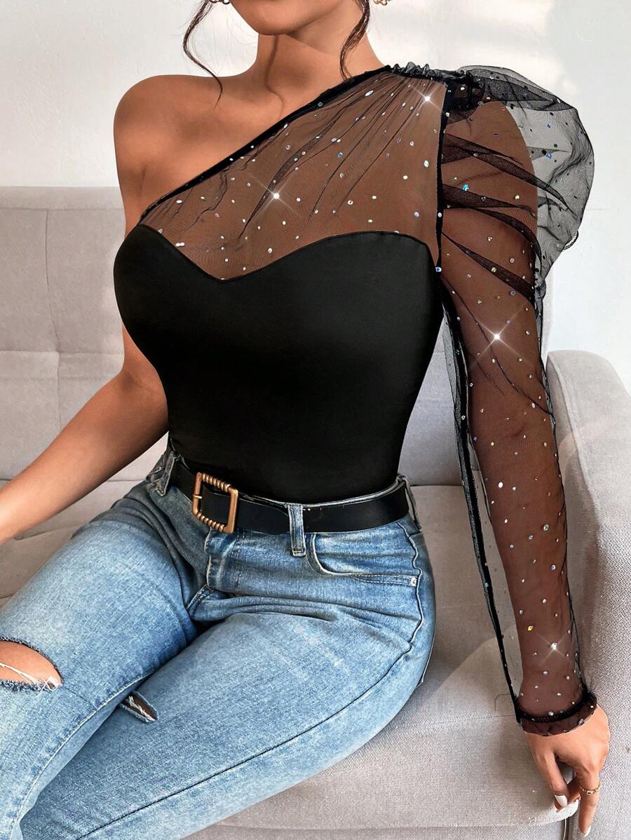 SHEIN Privé Women's One Shoulder Rhinestone Mesh See Through Top,Off The Shoulder Top - Black - View 1